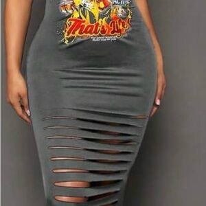 Ribbed Slit Bodycon Midi Dress in Charcoal Gray